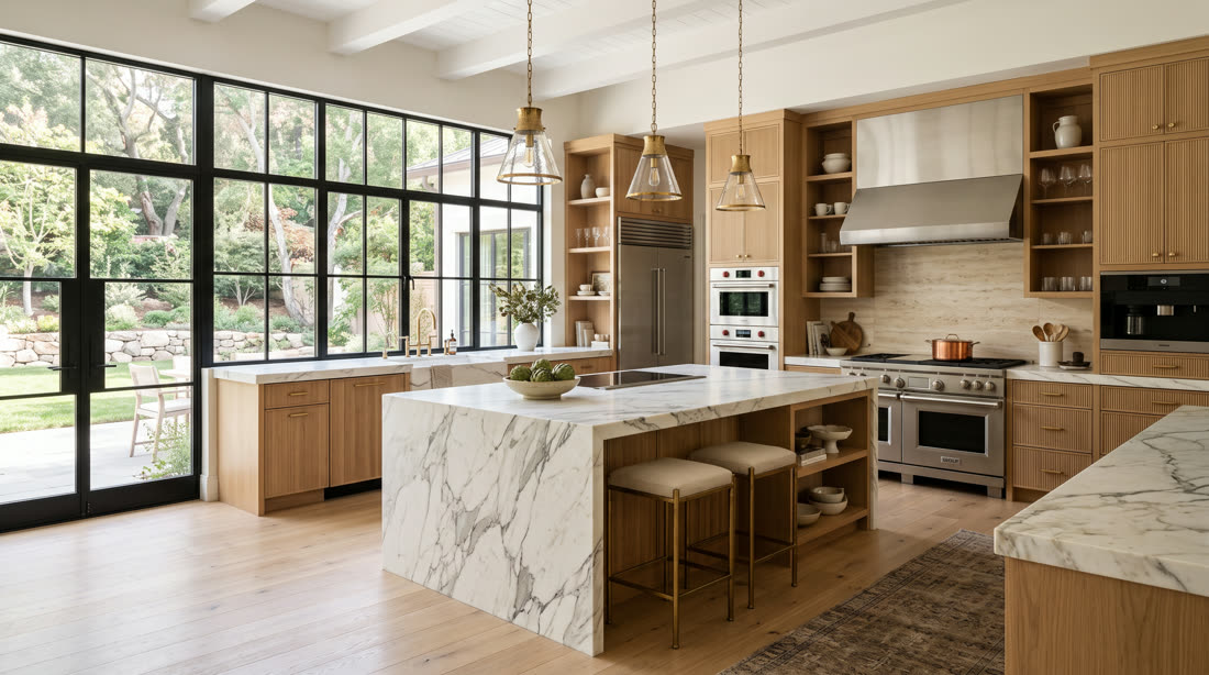 Estate kitchen with a marble island