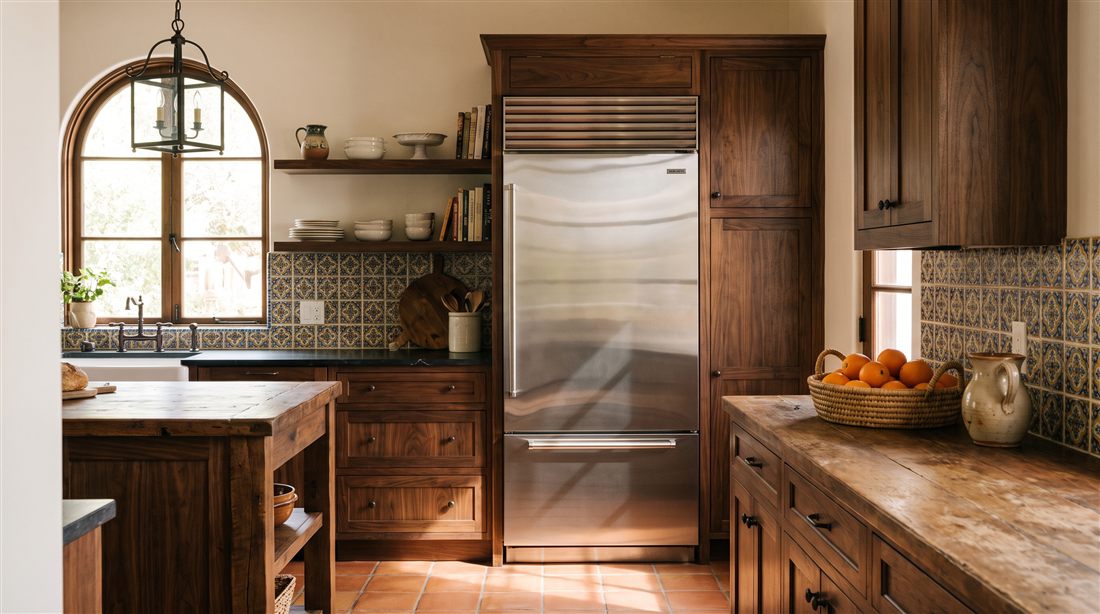 Refrigerator in a Spanish revival kitchen