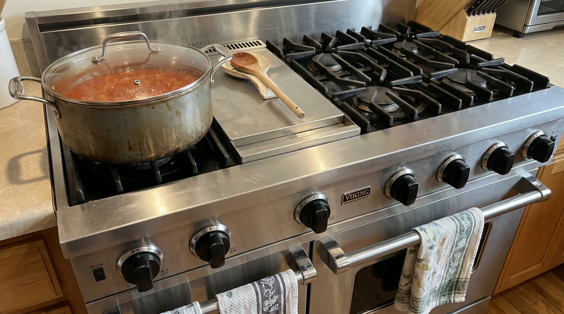 Sauce simmering on a Viking burner