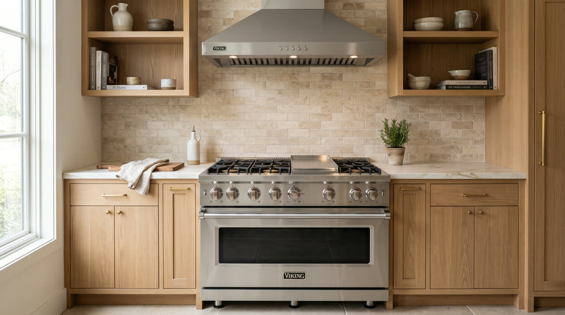 Viking range in light oak cabinetry