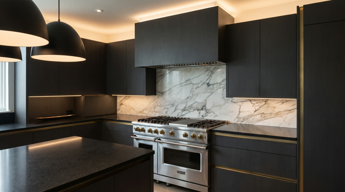 Viking range against bookmatched marble