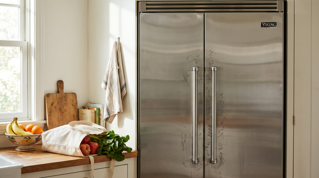 Stainless Viking refrigerator with fresh groceries