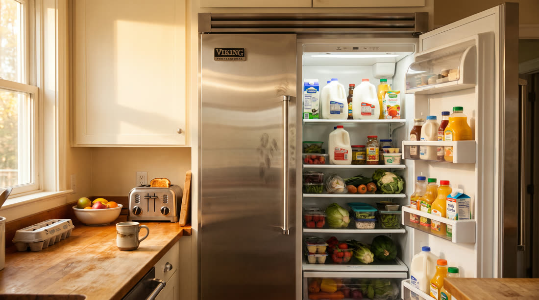 Viking refrigerator stocked, door open