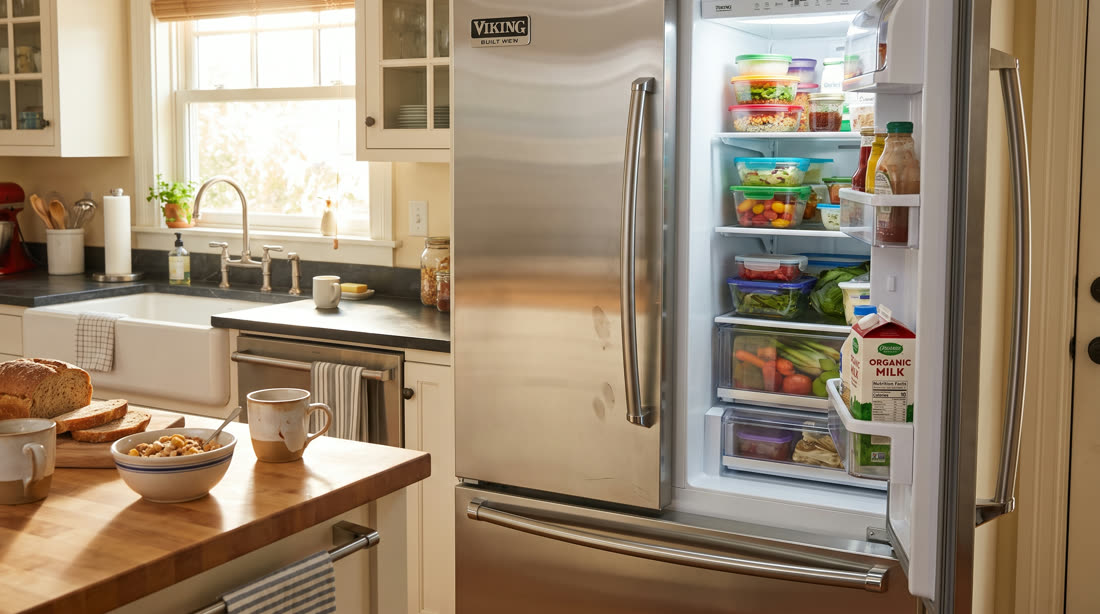Fresh food in an open Viking refrigerator