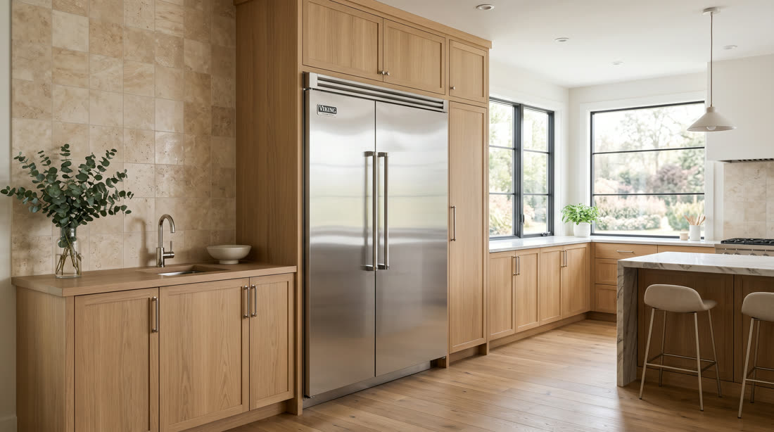 Viking refrigerator in a bright kitchen