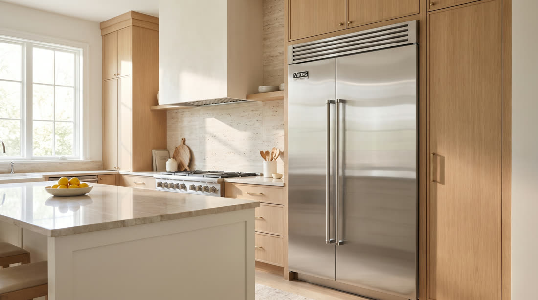 Viking refrigerator in a cream kitchen