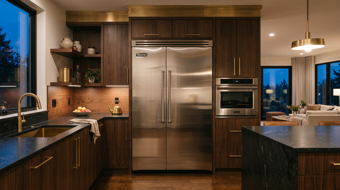 Viking refrigerator and wall oven in dark cabinetry