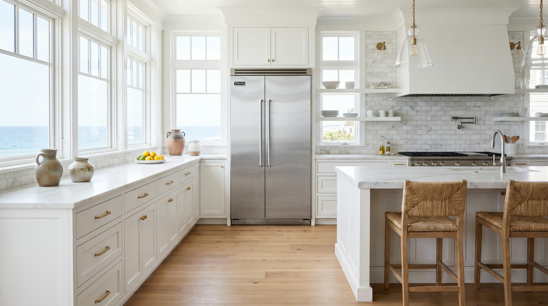 Viking refrigerator in a coastal kitchen