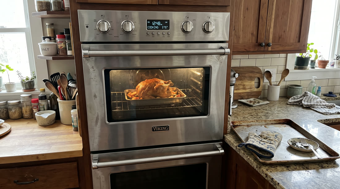 Viking wall oven with a roast