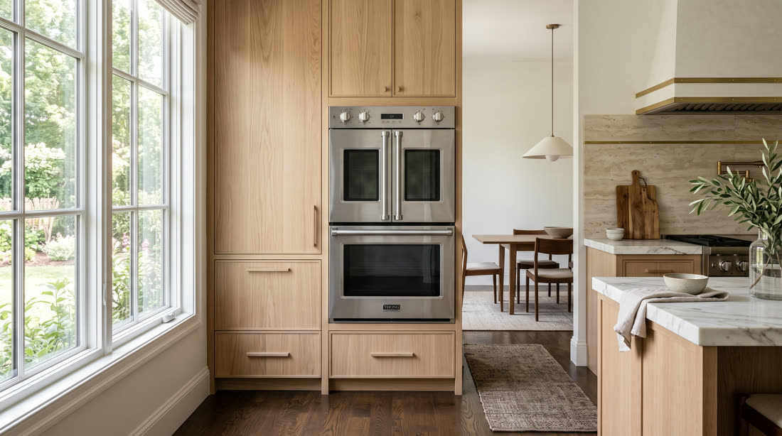 Double Viking wall ovens in light oak