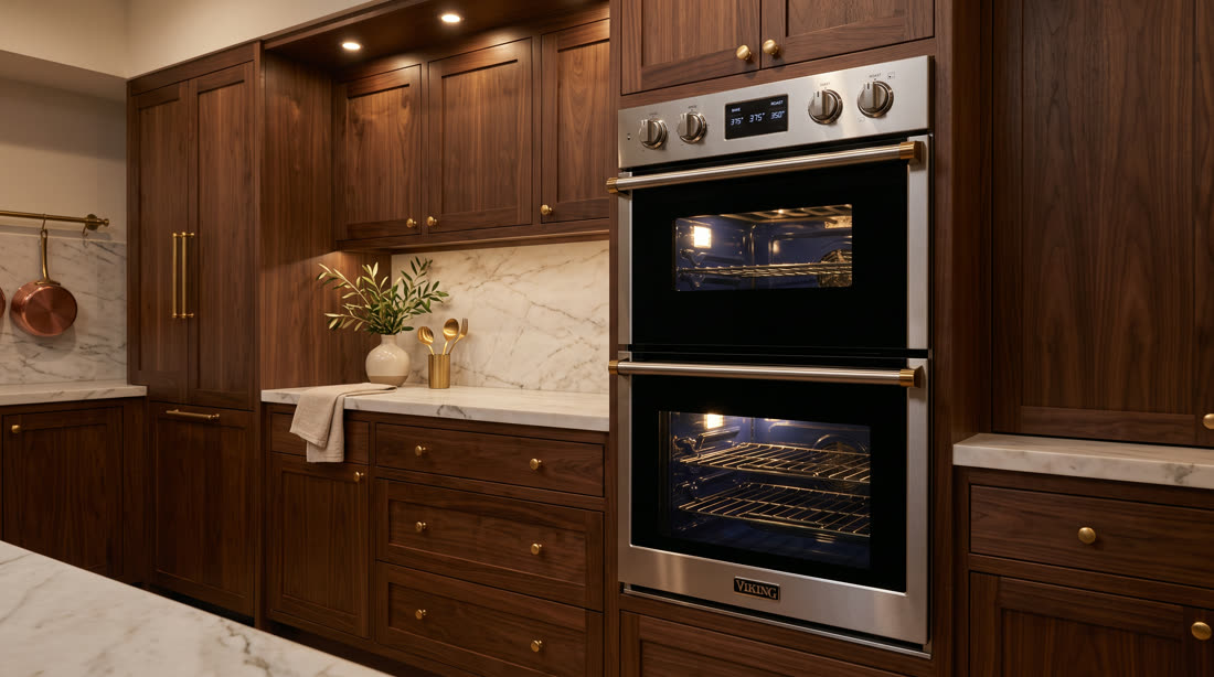 Viking wall ovens in walnut at dusk