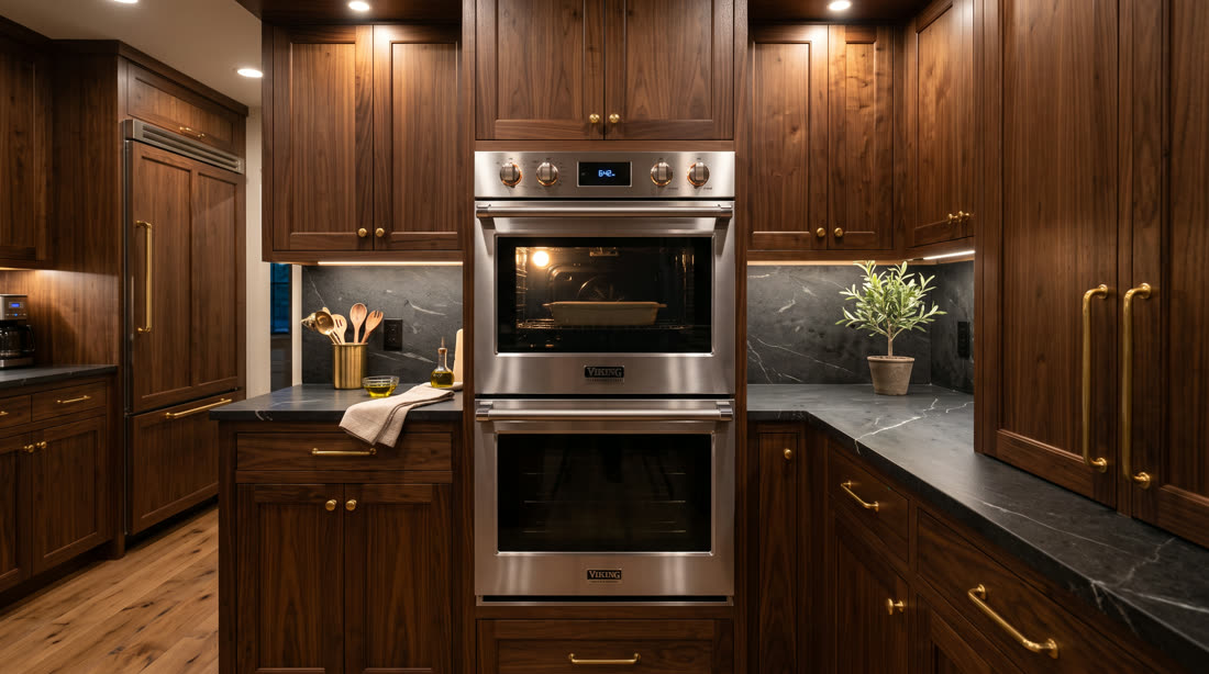 Viking wall oven in walnut cabinetry