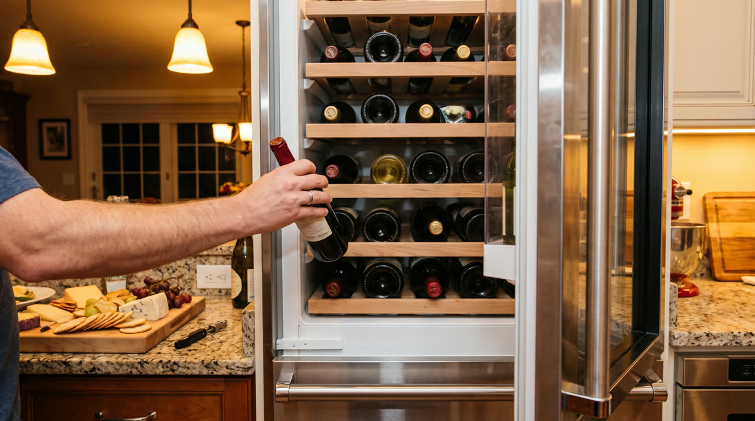 Choosing a bottle from a Viking wine cooler