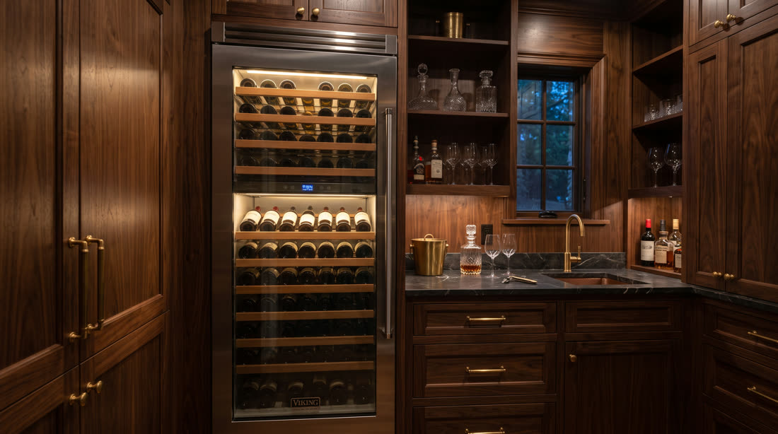 Wine column in a walnut butlers pantry